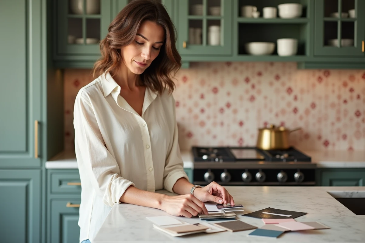 Femme consultant des échantillons de matières dans une cuisine rénovée aux armoires vert sauge, robinetterie dorée brossée et carreaux zellige rose poudré