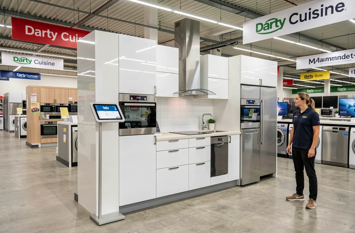Section Darty Cuisine à Marmande avec un modèle de cuisine blanche exposé et un conseiller en rayon