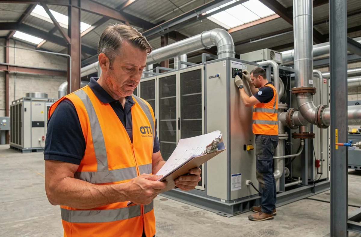 Ingénieur de Delaunay Thermique Industrielle DTI supervisant l'installation d'un groupe froid industriel dans une usine de Seine-Maritime