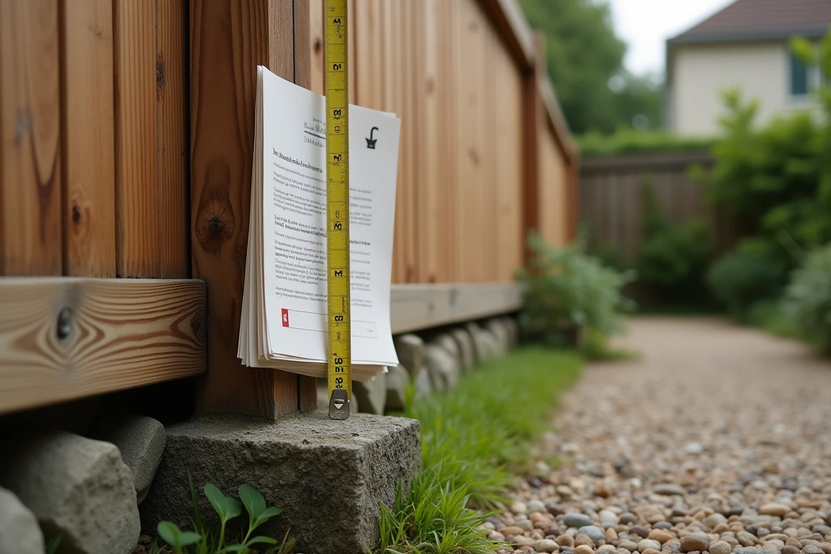 Détail de clôture en bois non conforme avec document administratif et mètre ruban pour démarche de régularisation PLU
