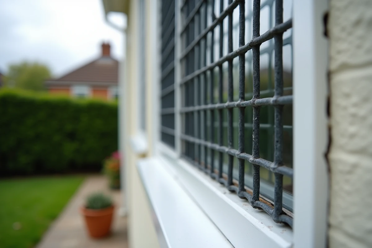 Détail d'un grillage de protection fenêtre en acier galvanisé sur mesure fixé sur cadre en bois blanc