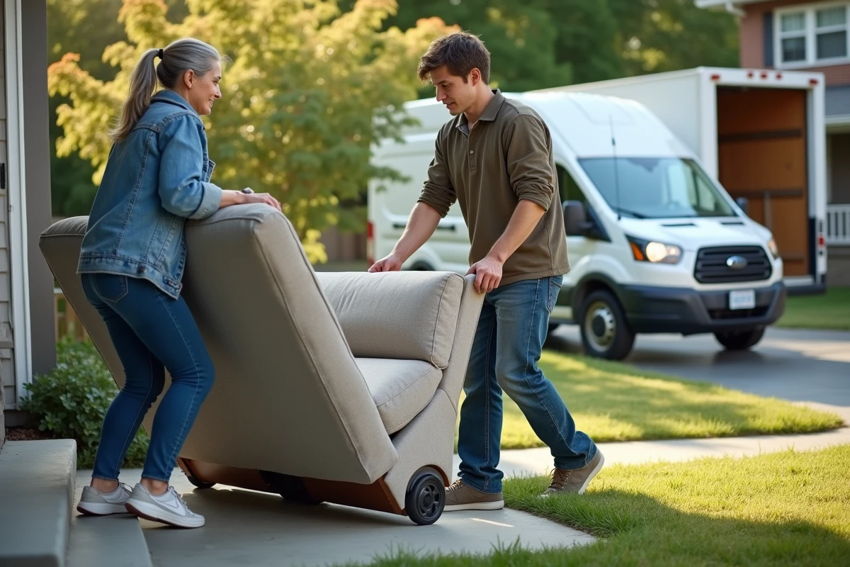 Une femme et un jeune homme portent un canapé à l
