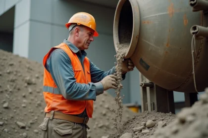 Ouvrier dosant 350 kg de ciment dans une bétonnière sur un chantier de béton armé avec sable et gravier