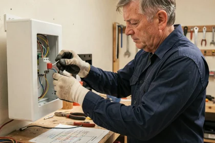Électricien connectant les fils d'un interrupteur poussoir sur un tableau électrique blanc