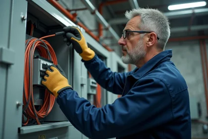 Électricien inspectant un tableau électrique triphasé 380V avec protection différentielle dans une salle technique industrielle