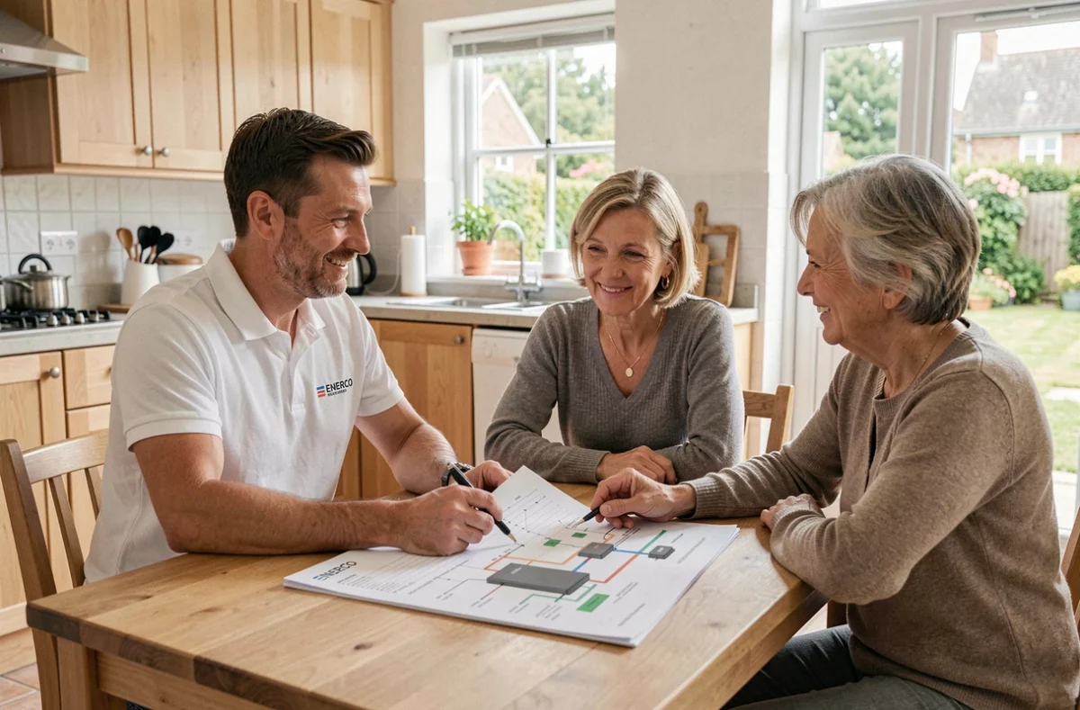 Conseiller ENERCO présentant un audit énergétique à un couple lors d'une consultation à domicile en Normandie