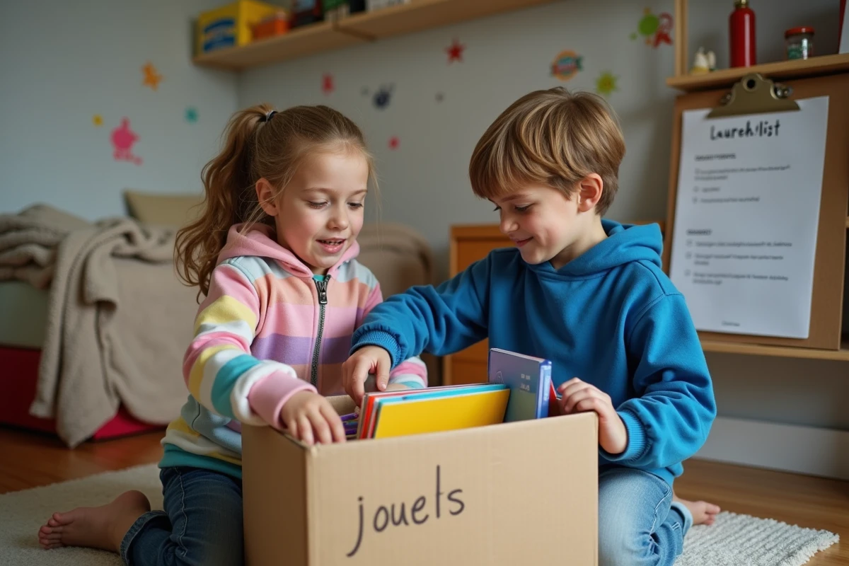 Enfants qui font leurs cartons de déménagement dans leur chambre avec une checklist de déménagement en arrière-plan