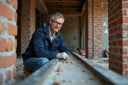 Ingénieur vérifiant une poutre en acier dans une rénovation intérieure