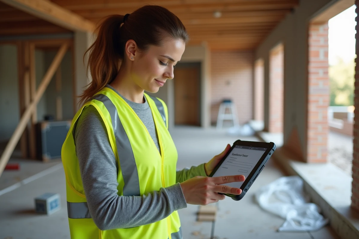 Entrepreneuse en bâtiment utilisant une tablette sur un chantier de rénovation pour soumettre une demande de devis en ligne