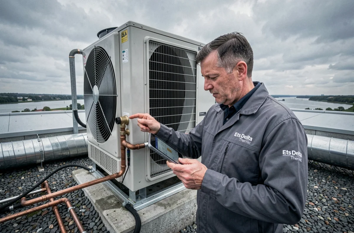 Ingénieur d'Ets Delta Thermic inspectant une unité de traitement d'air industrielle sur un toit commercial à Rouen