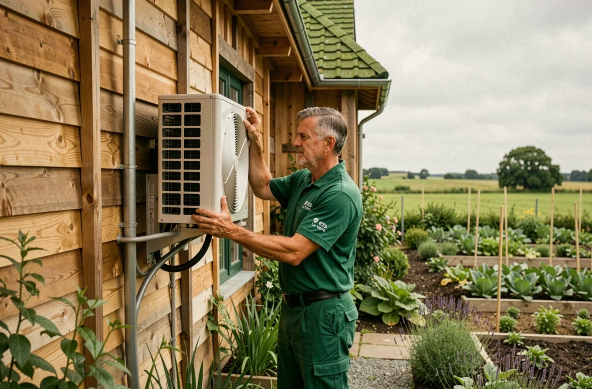 Installateur d'Ets En Vert La Terre posant une pompe à chaleur air-air sur une maison écologique à ossature bois en Seine-Maritime