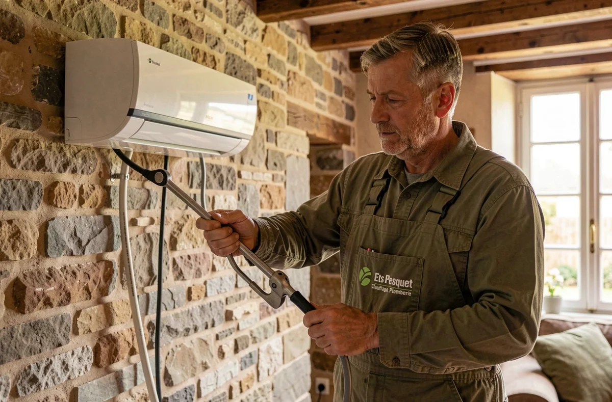 Technicien d'Ets Pesquet Chauffage Plomberie installant une unité intérieure de climatisation dans une maison en pierre normande rénovée