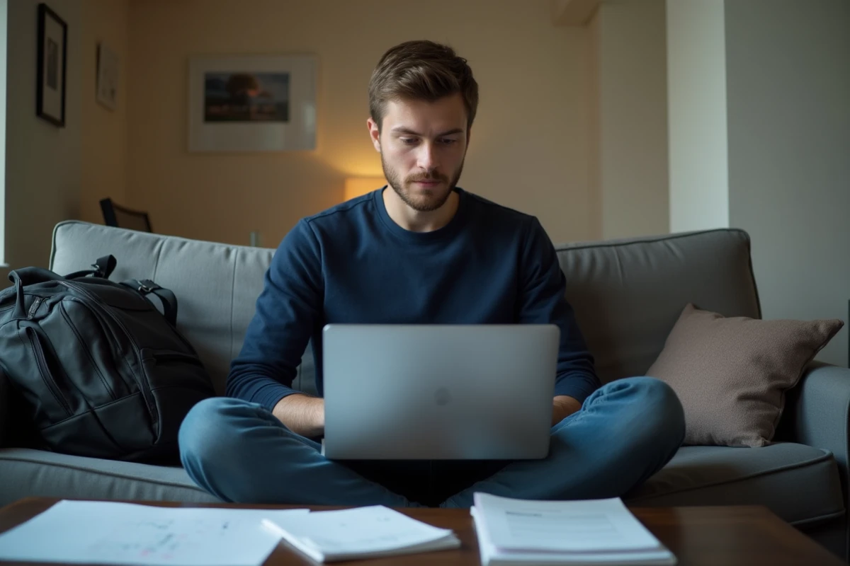 Étudiant accédant à un justificatif de domicile gratuit en ligne sur son ordinateur portable