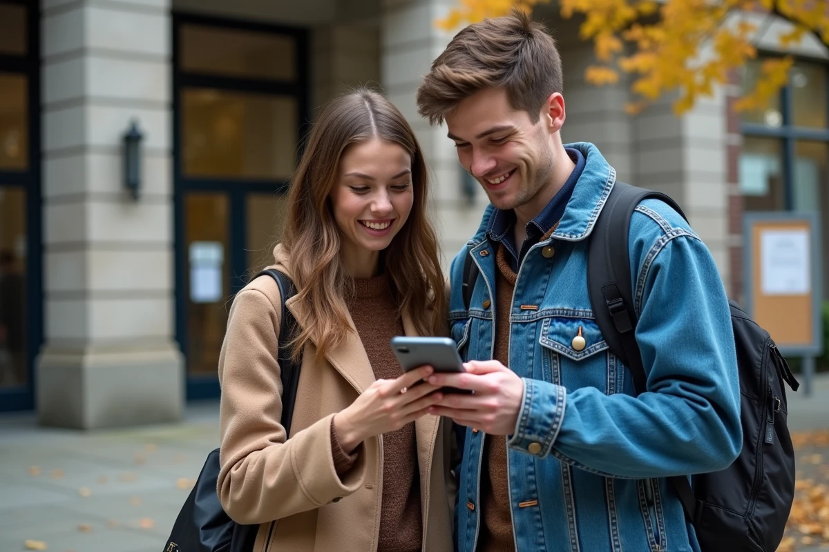 Deux étudiants vérifiant un justificatif de domicile numérique sur smartphone devant leur université