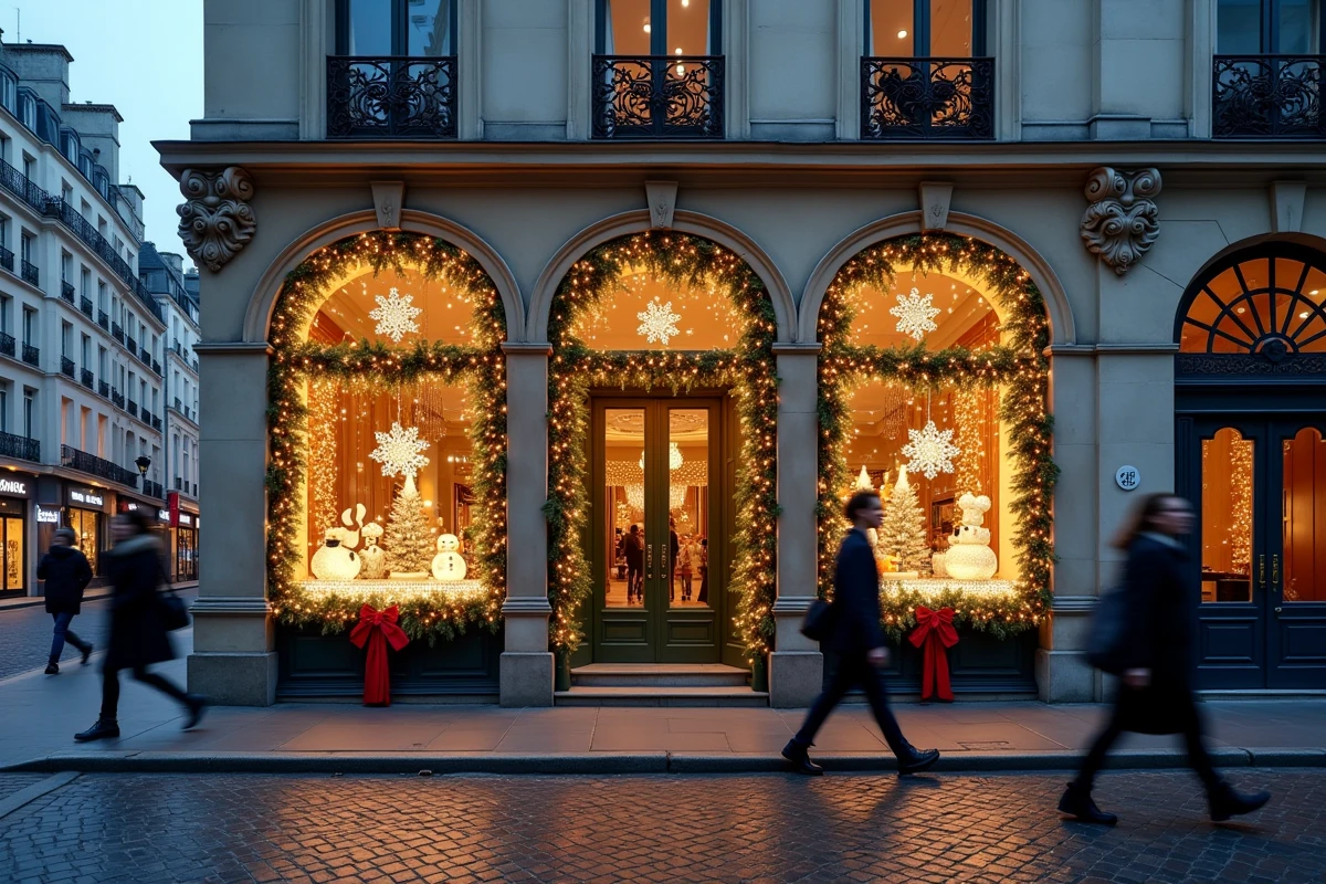 Façade d'un commerce parisien décorée avec une illumination de Noël professionnelle style vitrine de magasin
