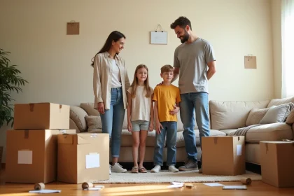 Famille avec enfants entourée de cartons de déménagement et d'une checklist dans leur salon avant un déménagement