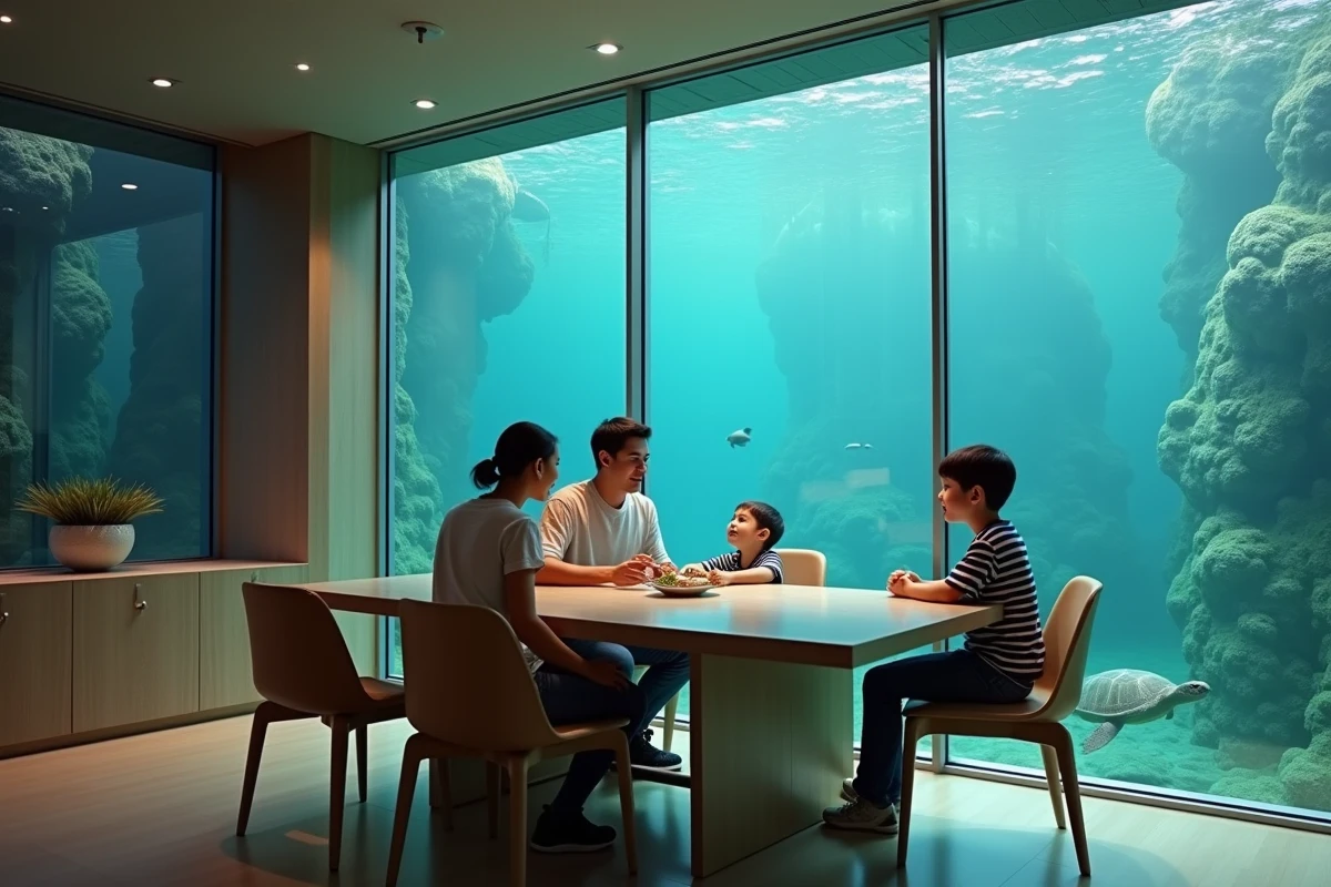 Famille dans une maison sous-marine au dîner avec un enfant et une tortue