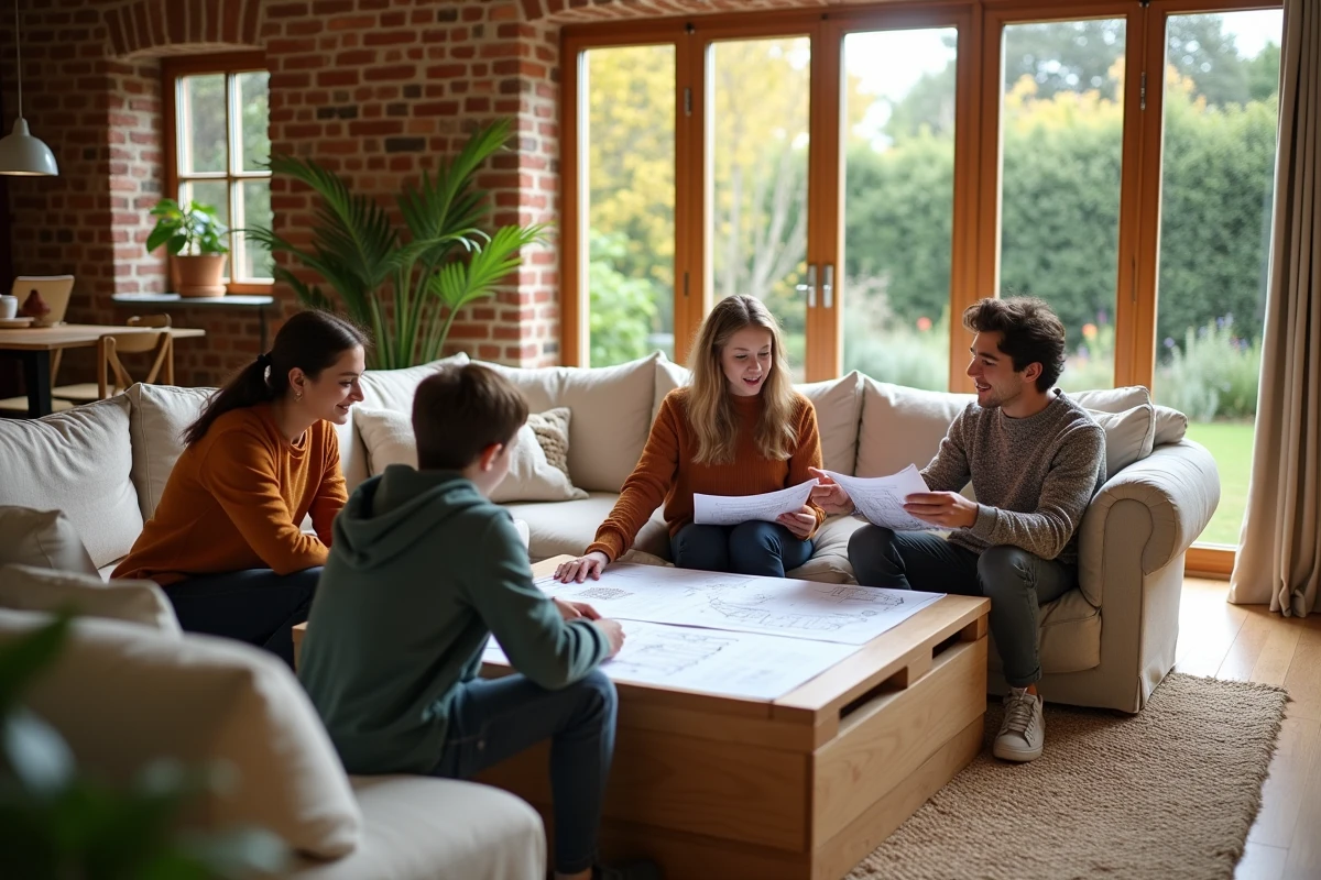 Famille réunie dans un salon écoresponsable pour planifier la rénovation de leur habitat sain