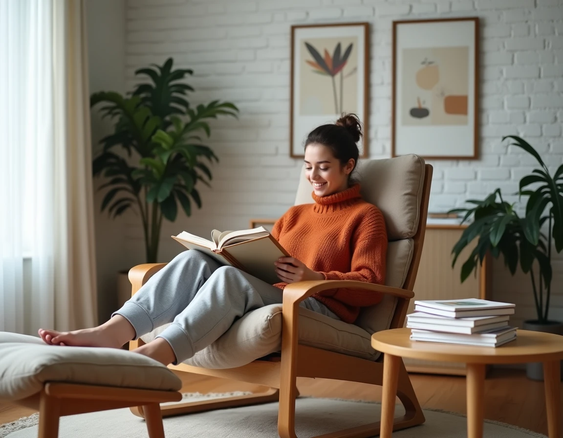 Jeune femme détendue dans un fauteuil de lecture ergonomique dans un appartement scandinave avec ambiance librairie