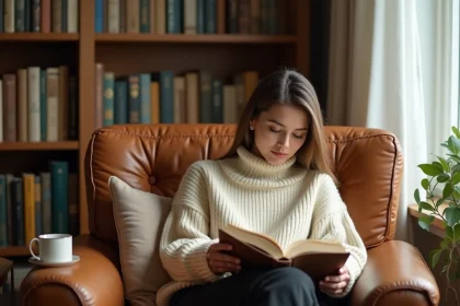 Femme installée dans un fauteuil relax en cuir cognac pour lire dans un coin lecture chaleureux style librairie