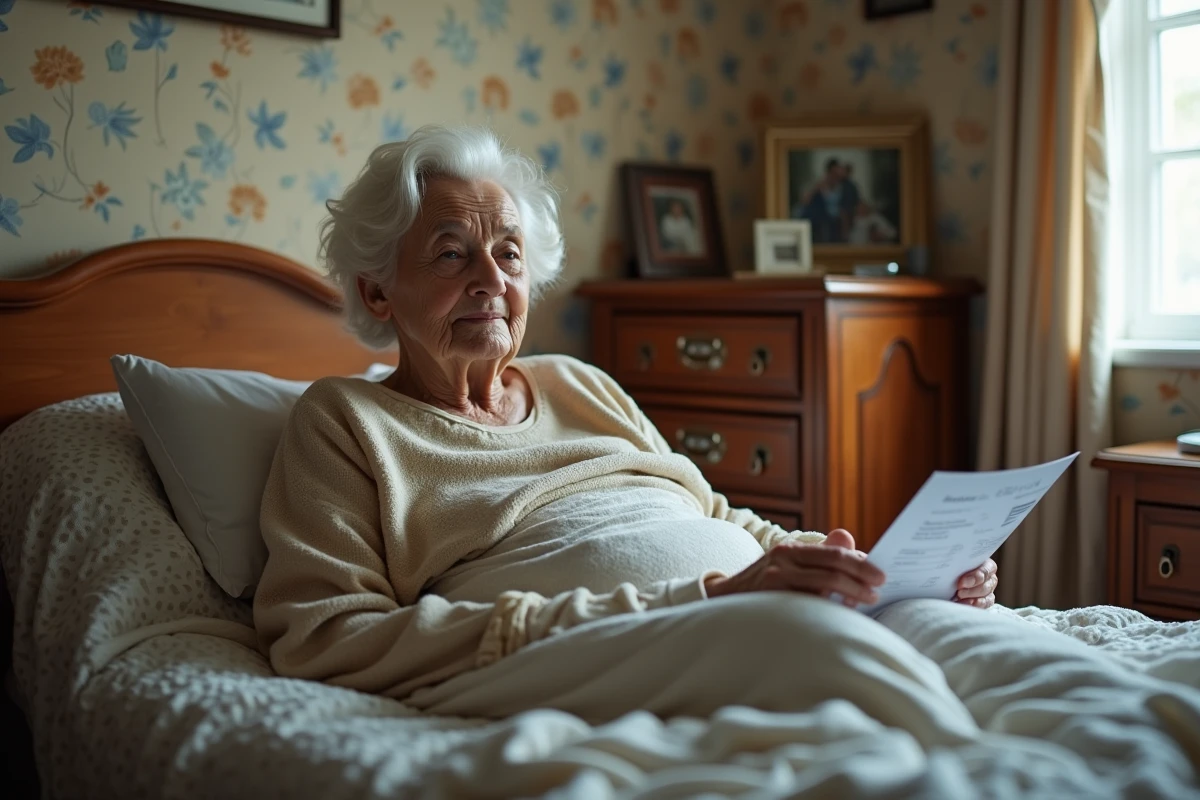 Femme âgée assise sur un lit hydraulique dans une chambre chaleureuse