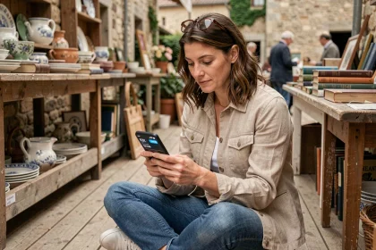 Femme consultant une application mobile de brocante en plein air dans l'Ain, assise parmi des objets vintage lors d'un vide-grenier