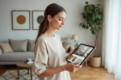 Femme utilisant une application de décoration intérieure sur tablette pour tester des couleurs et matières dans son salon