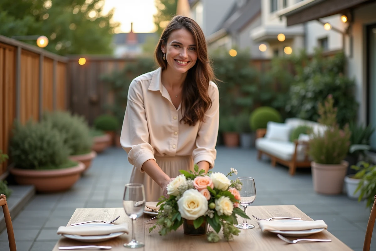 Jeune femme arrangeant des fleurs sur une table de patio