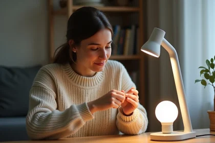 Femme en train de visser une ampoule LED dans une lampe moderne