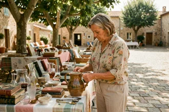 Femme chinant une cruche en céramique vintage sur un vide-grenier en Tarn-et-Garonne