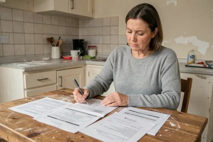Femme comparant des devis de travaux sur une table de cuisine lors d'une rénovation avec un budget serré