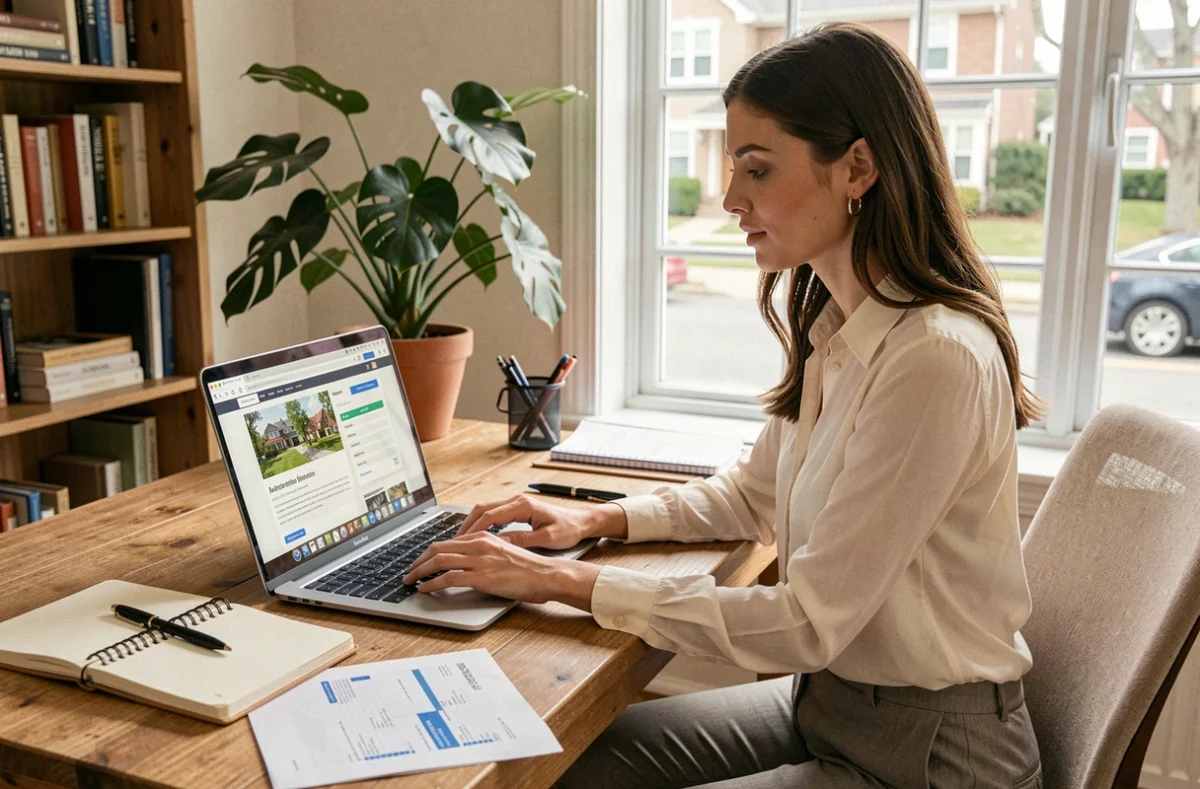 Femme consultant un site d'estimation de travaux immobiliers sur ordinateur portable pour son premier achat