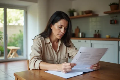 Femme consultant un contrat d'assurance habitation dans une cuisine moderne, illustrant le calcul du prix moyen pour une maison de 120m2