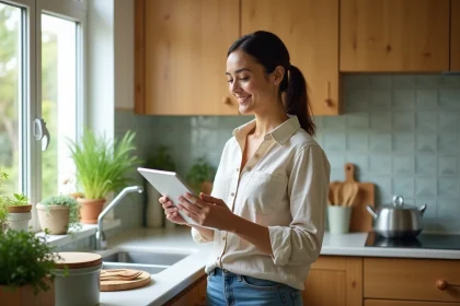 Femme consultant le site habitats-durables.org dans une cuisine écologique en bois naturel