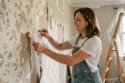 Femme en salopette décollant du papier peint fleuri dans une pièce en rénovation