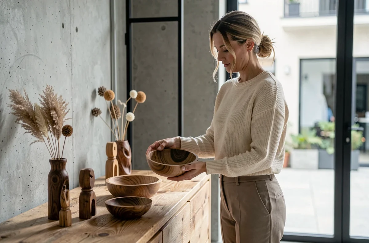 Femme arrangeant des bols en bois tournés à la main sur un meuble en bois brut dans un salon contemporain à décoration artisanale