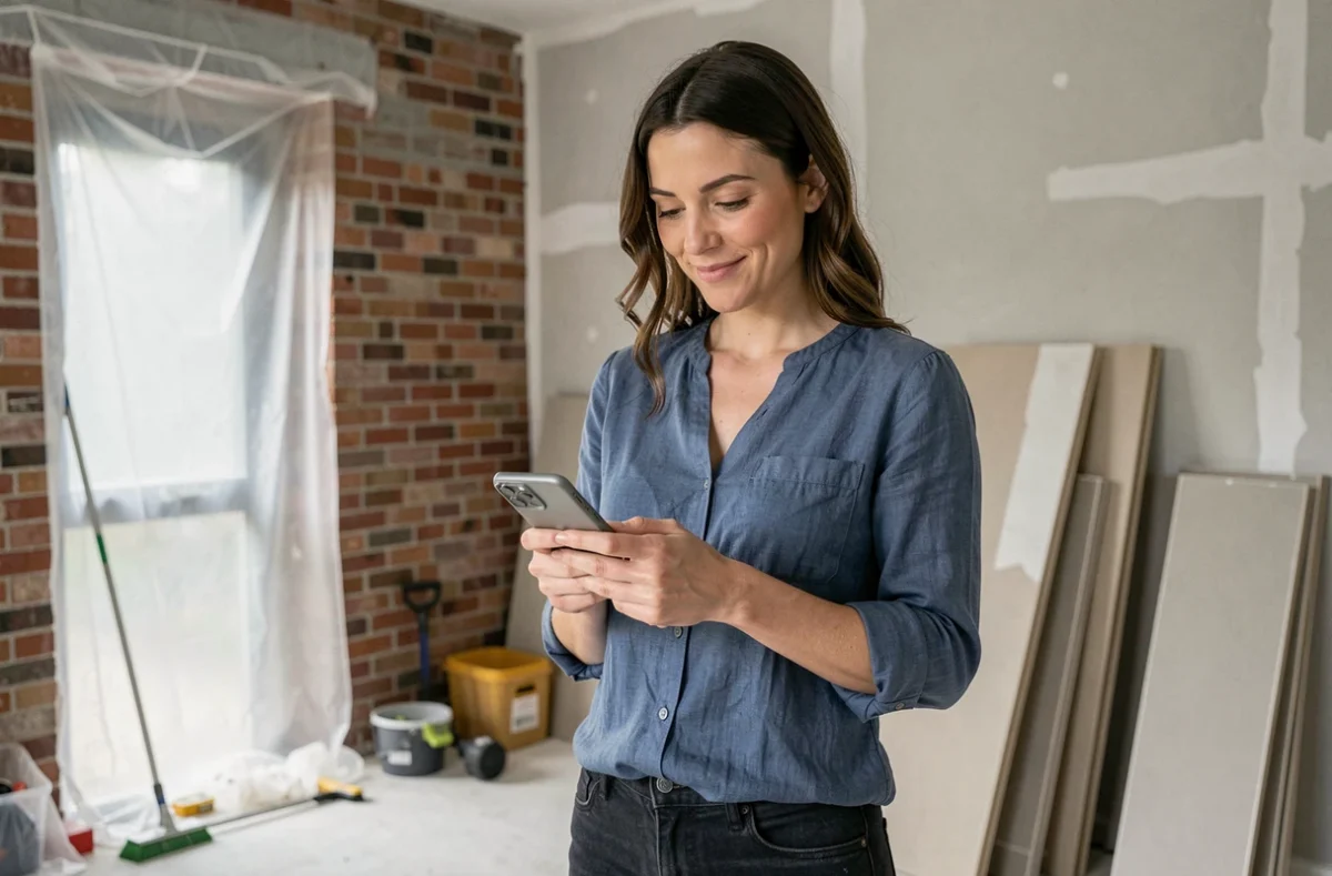 Femme consultant un devis de rénovation sur smartphone dans un salon en cours de travaux avec matériaux de construction visibles