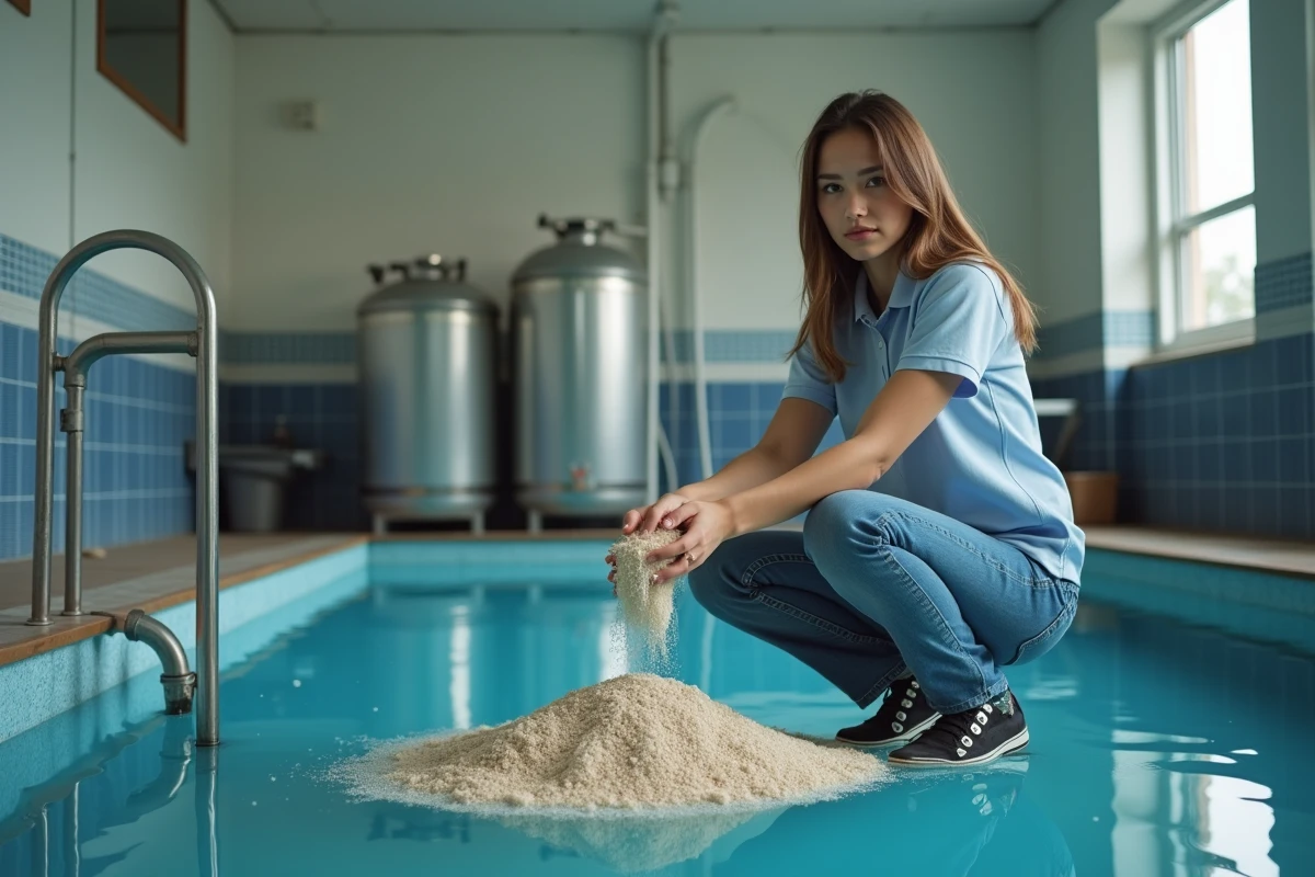 Jeune femme manipulant du media de filtration dans une salle piscine