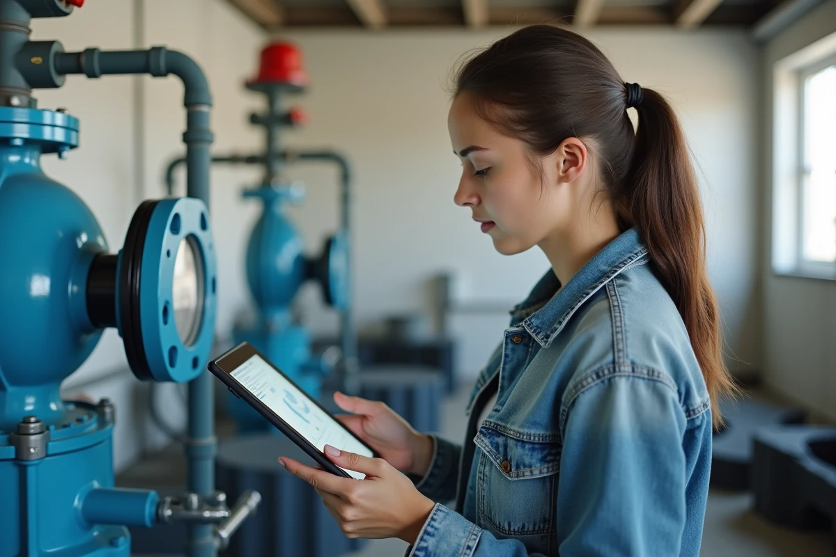 Jeune femme contrôlant une pompe à filtration intérieure