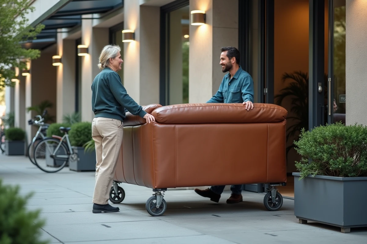 Femme guidant un déménageur avec un canapé en cuir devant un immeuble moderne