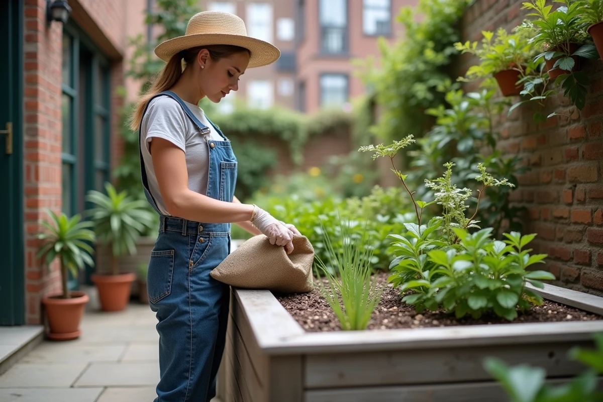 Femme en overalls verse gravier dans un jardiniere