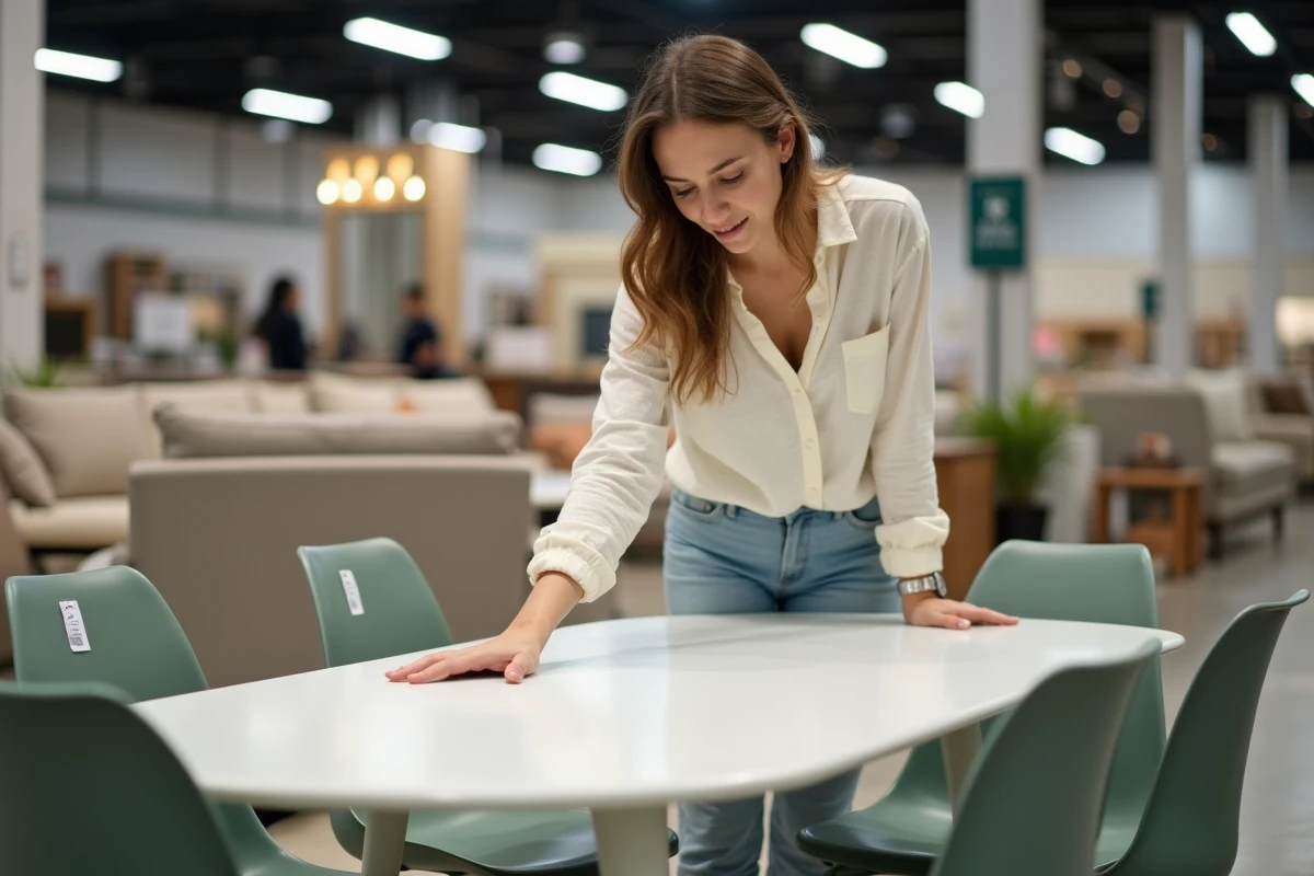Femme explorant des meubles de salle à manger modernes dans un magasin BUT, table blanche et chaises vert sauge