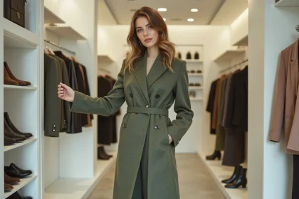 Femme élégante portant un manteau en laine et des bottines en cuir dans une boutique de mode minimaliste
