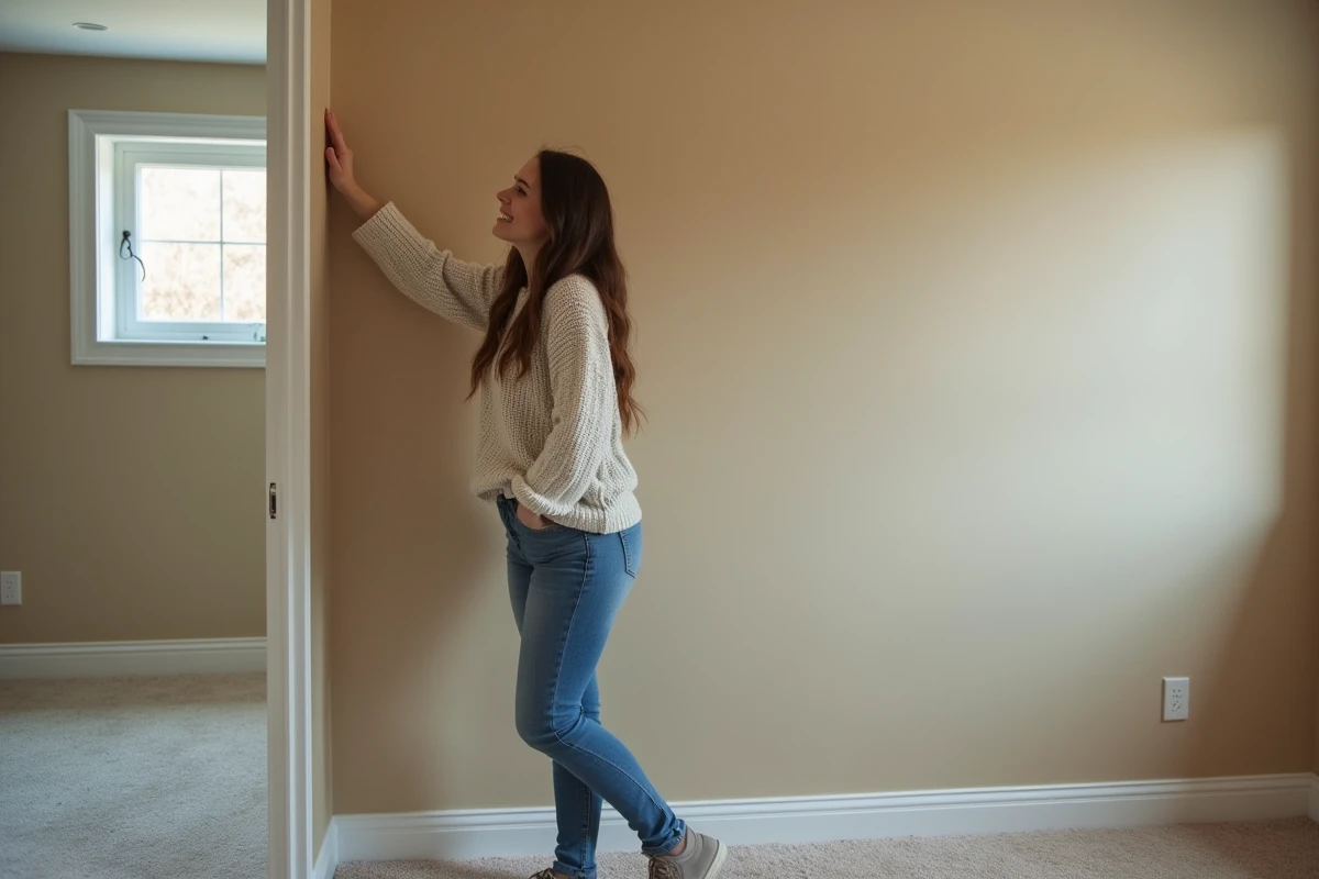 Femme souriante touchant un mur isolé dans un sous-sol fini