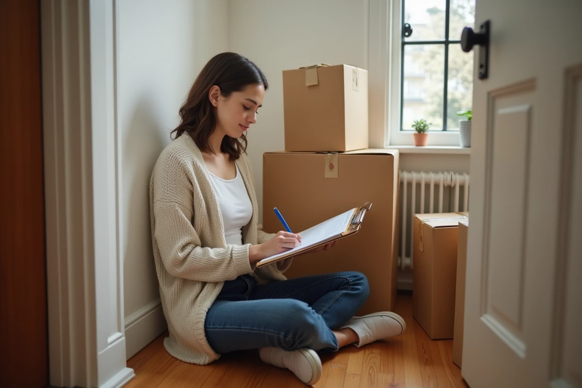 Jeune femme écrivant des notes parmi des cartons