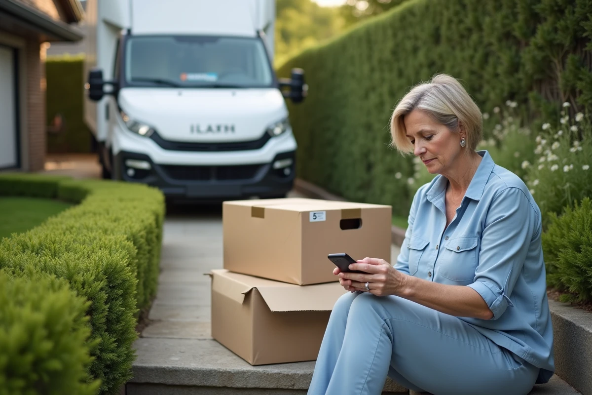Femme vérifiant dates sur son téléphone devant des cartons