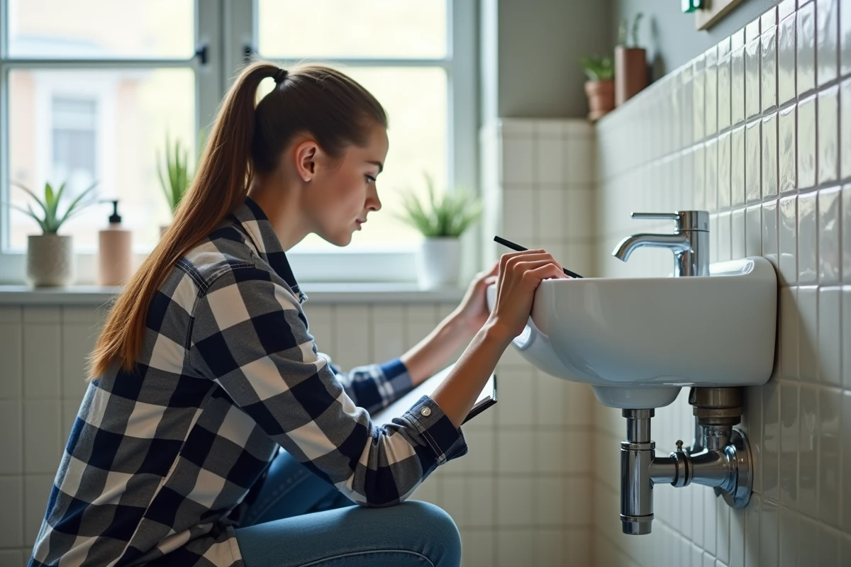Jeune femme inspecte joints sous lavabo dans salle de bain