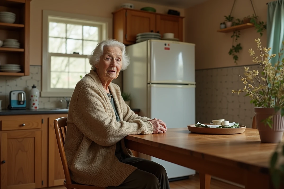 Femme âgée assise près du réfrigérateur dans une cuisine chaleureuse