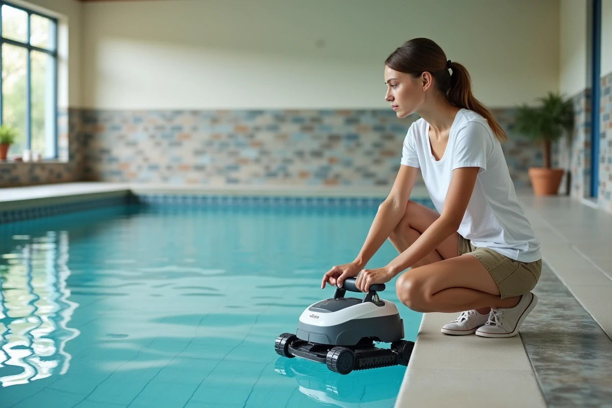 Jeune femme utilisant un robot nettoyeur dans une piscine intérieure