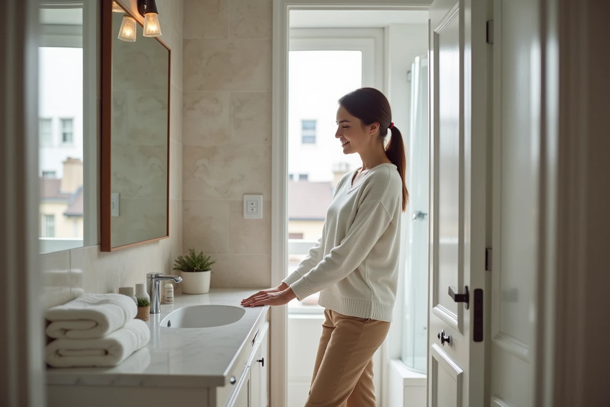 Jeune femme dans salle de bain rénovée touchant le lavabo